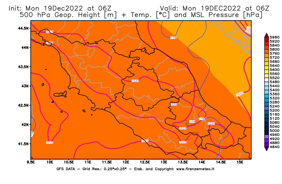 Mappa di analisi GFS - Geopotenziale [m] + Temp. [°C] a 500 hPa + Press. a livello del mare [hPa] in Centro-Italia
							del 19/12/2022 06 <!--googleoff: index-->UTC<!--googleon: index-->