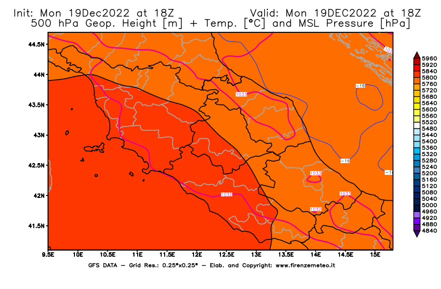 Mappa di analisi GFS - Geopotenziale [m] + Temp. [°C] a 500 hPa + Press. a livello del mare [hPa] in Centro-Italia
							del 19/12/2022 18 <!--googleoff: index-->UTC<!--googleon: index-->