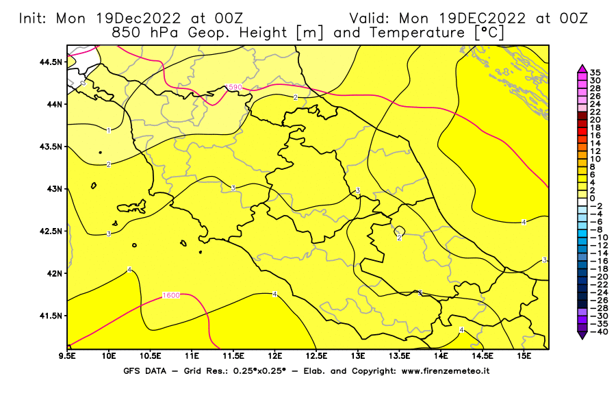 Mappa di analisi GFS - Geopotenziale [m] e Temperatura [°C] a 850 hPa in Centro-Italia
							del 19/12/2022 00 <!--googleoff: index-->UTC<!--googleon: index-->