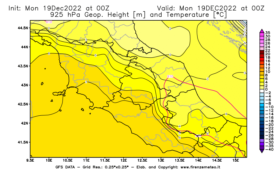 Mappa di analisi GFS - Geopotenziale [m] e Temperatura [°C] a 925 hPa in Centro-Italia
							del 19/12/2022 00 <!--googleoff: index-->UTC<!--googleon: index-->