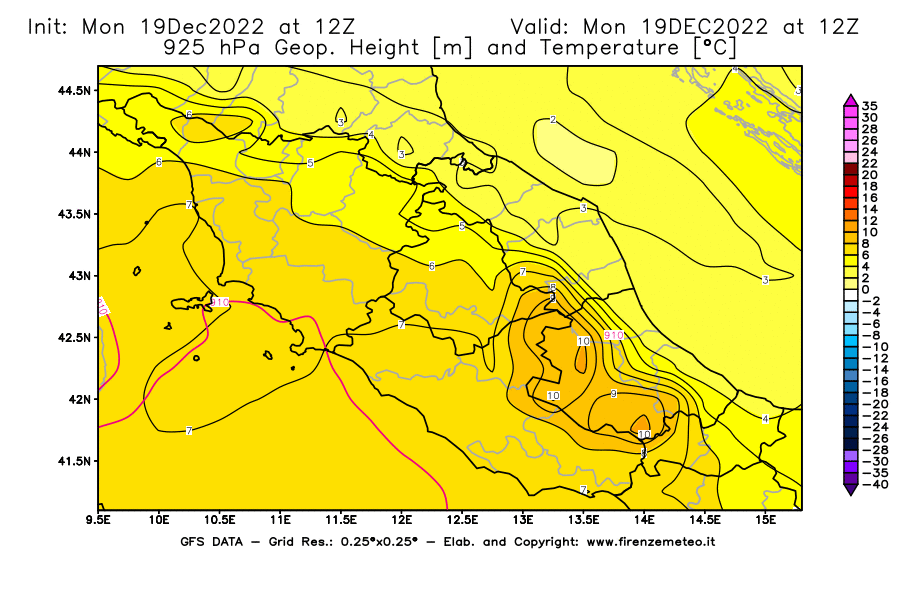 Mappa di analisi GFS - Geopotenziale [m] e Temperatura [°C] a 925 hPa in Centro-Italia
							del 19/12/2022 12 <!--googleoff: index-->UTC<!--googleon: index-->