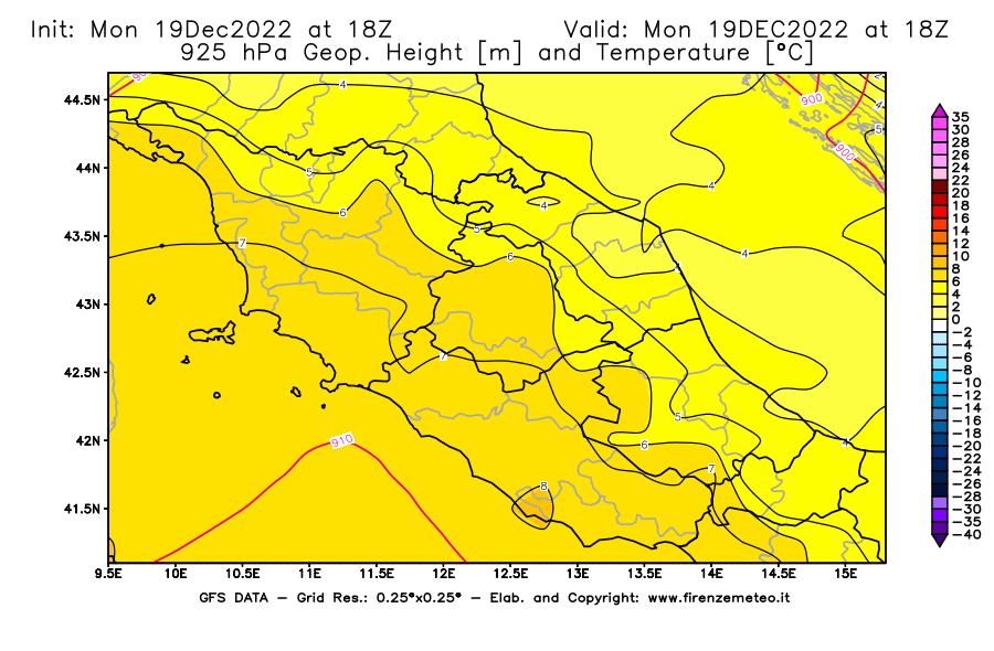 Mappa di analisi GFS - Geopotenziale [m] e Temperatura [°C] a 925 hPa in Centro-Italia
							del 19/12/2022 18 <!--googleoff: index-->UTC<!--googleon: index-->