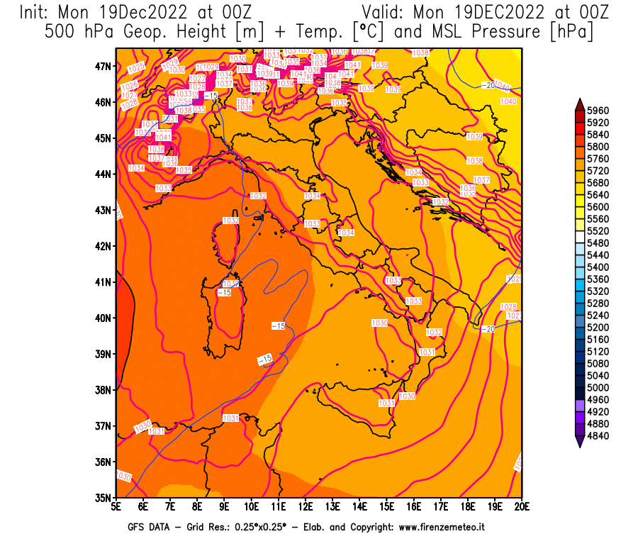 Mappa di analisi GFS - Geopotenziale [m] + Temp. [°C] a 500 hPa + Press. a livello del mare [hPa] in Italia
							del 19/12/2022 00 <!--googleoff: index-->UTC<!--googleon: index-->