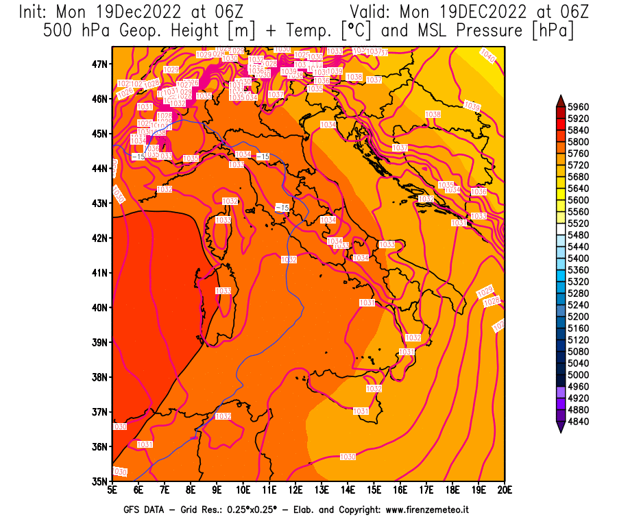 Mappa di analisi GFS - Geopotenziale [m] + Temp. [°C] a 500 hPa + Press. a livello del mare [hPa] in Italia
							del 19/12/2022 06 <!--googleoff: index-->UTC<!--googleon: index-->
