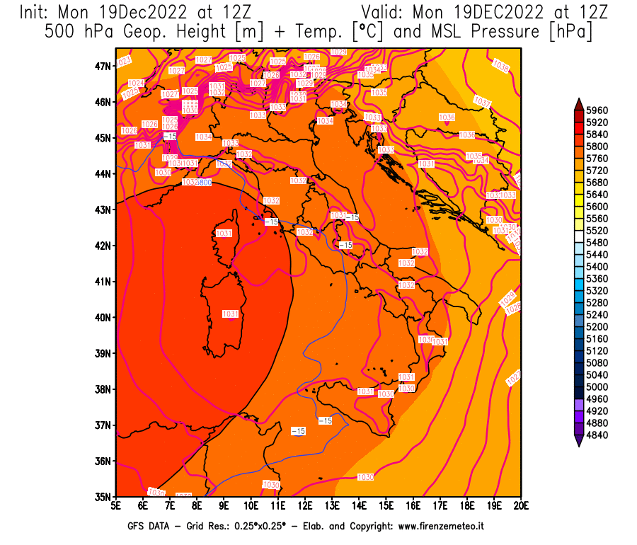 Mappa di analisi GFS - Geopotenziale [m] + Temp. [°C] a 500 hPa + Press. a livello del mare [hPa] in Italia
							del 19/12/2022 12 <!--googleoff: index-->UTC<!--googleon: index-->