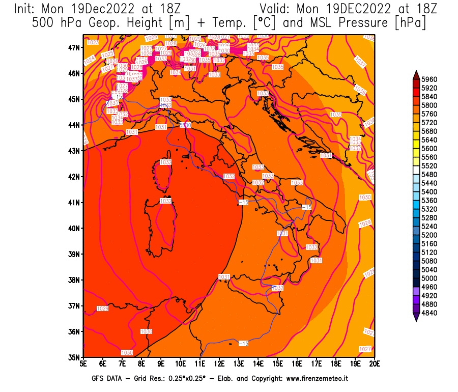 Mappa di analisi GFS - Geopotenziale [m] + Temp. [°C] a 500 hPa + Press. a livello del mare [hPa] in Italia
							del 19/12/2022 18 <!--googleoff: index-->UTC<!--googleon: index-->