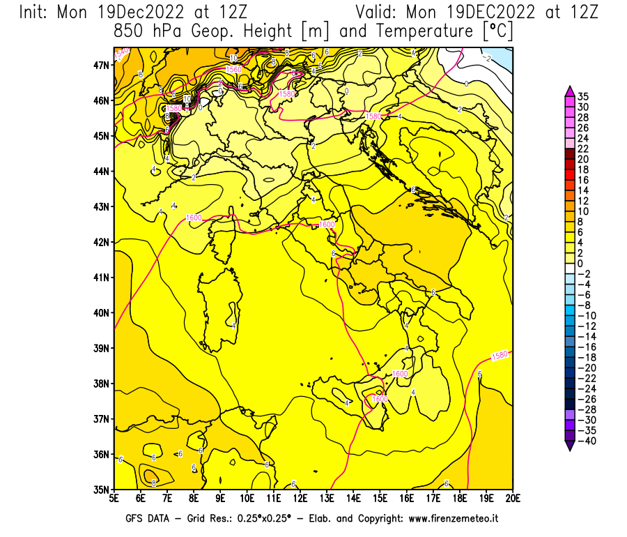 Mappa di analisi GFS - Geopotenziale [m] e Temperatura [°C] a 850 hPa in Italia
							del 19/12/2022 12 <!--googleoff: index-->UTC<!--googleon: index-->