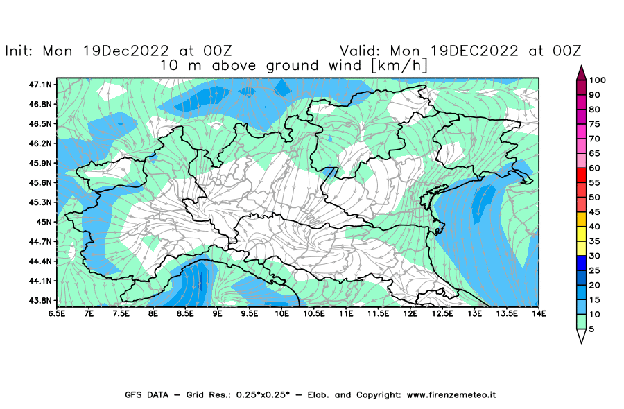 Mappa di analisi GFS - Velocità del vento a 10 metri dal suolo [km/h] in Nord-Italia
							del 19/12/2022 00 <!--googleoff: index-->UTC<!--googleon: index-->