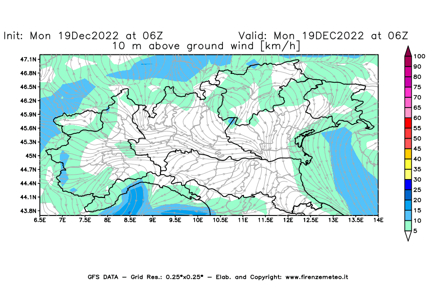 Mappa di analisi GFS - Velocità del vento a 10 metri dal suolo [km/h] in Nord-Italia
							del 19/12/2022 06 <!--googleoff: index-->UTC<!--googleon: index-->