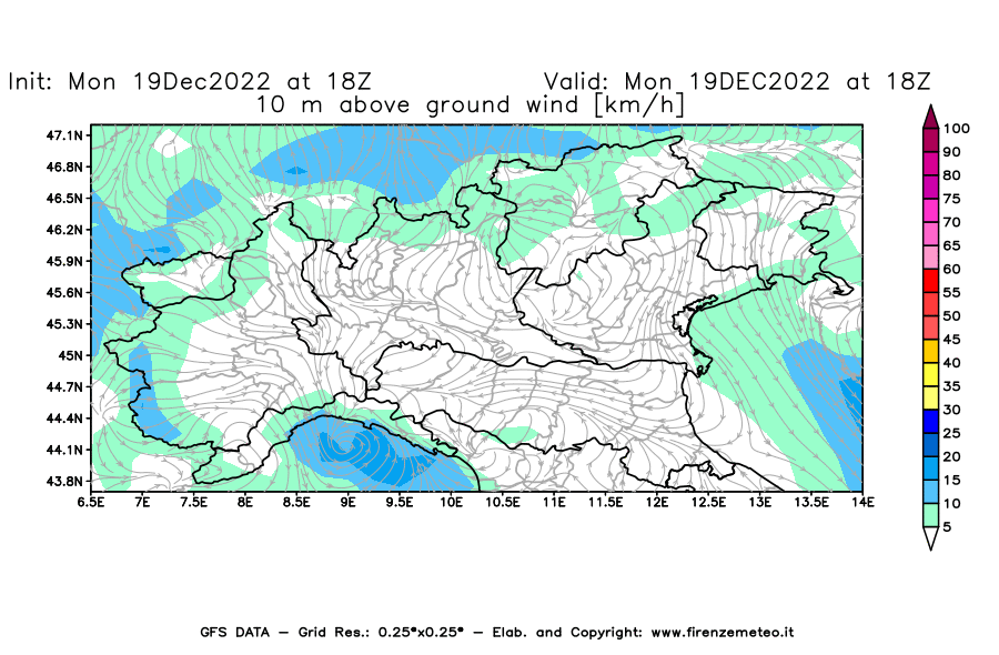 Mappa di analisi GFS - Velocità del vento a 10 metri dal suolo [km/h] in Nord-Italia
							del 19/12/2022 18 <!--googleoff: index-->UTC<!--googleon: index-->