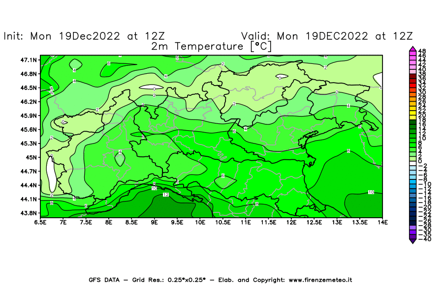 Mappa di analisi GFS - Temperatura a 2 metri dal suolo [°C] in Nord-Italia
							del 19/12/2022 12 <!--googleoff: index-->UTC<!--googleon: index-->