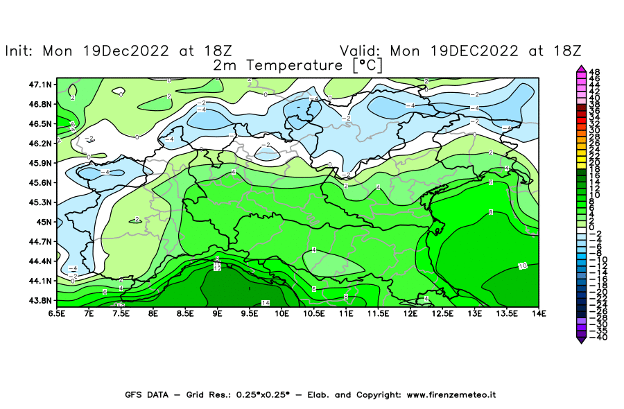 Mappa di analisi GFS - Temperatura a 2 metri dal suolo [°C] in Nord-Italia
							del 19/12/2022 18 <!--googleoff: index-->UTC<!--googleon: index-->