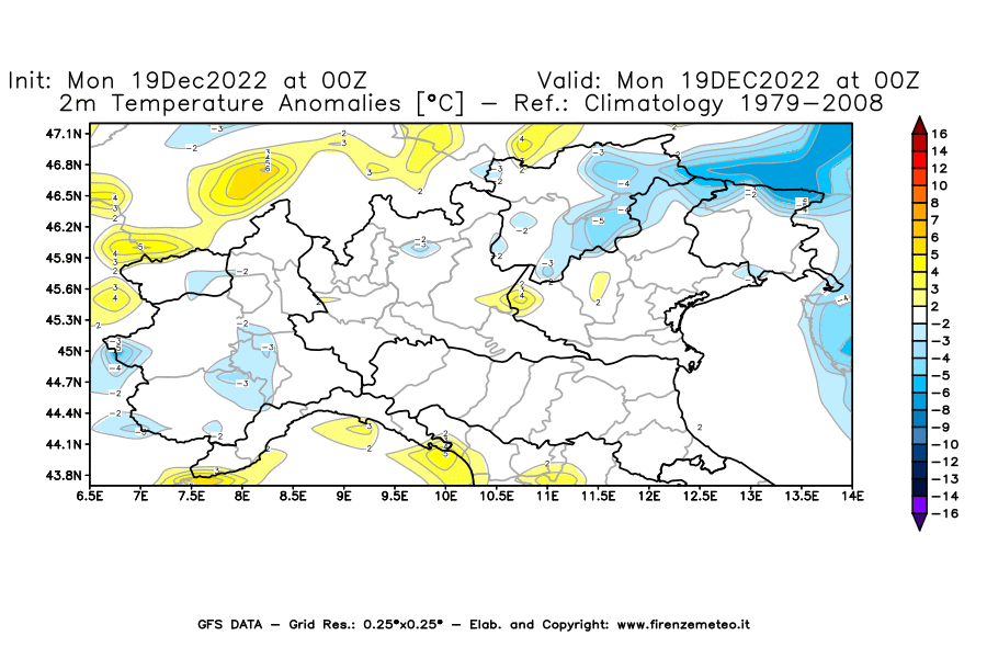 Mappa di analisi GFS - Anomalia Temperatura [°C] a 2 m in Nord-Italia
							del 19/12/2022 00 <!--googleoff: index-->UTC<!--googleon: index-->