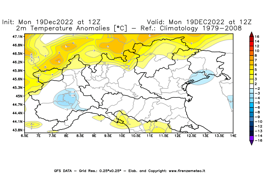 Mappa di analisi GFS - Anomalia Temperatura [°C] a 2 m in Nord-Italia
							del 19/12/2022 12 <!--googleoff: index-->UTC<!--googleon: index-->