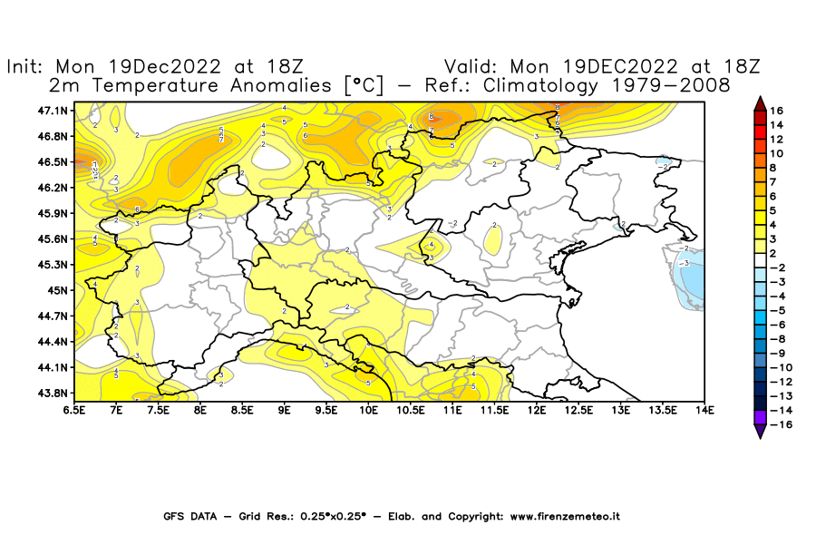 Mappa di analisi GFS - Anomalia Temperatura [°C] a 2 m in Nord-Italia
							del 19/12/2022 18 <!--googleoff: index-->UTC<!--googleon: index-->