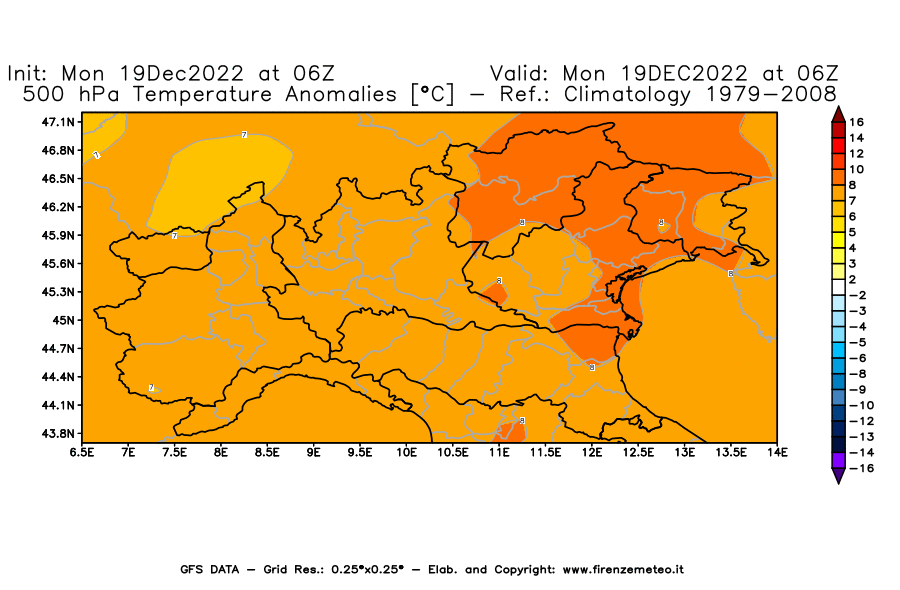 Mappa di analisi GFS - Anomalia Temperatura [°C] a 500 hPa in Nord-Italia
							del 19/12/2022 06 <!--googleoff: index-->UTC<!--googleon: index-->