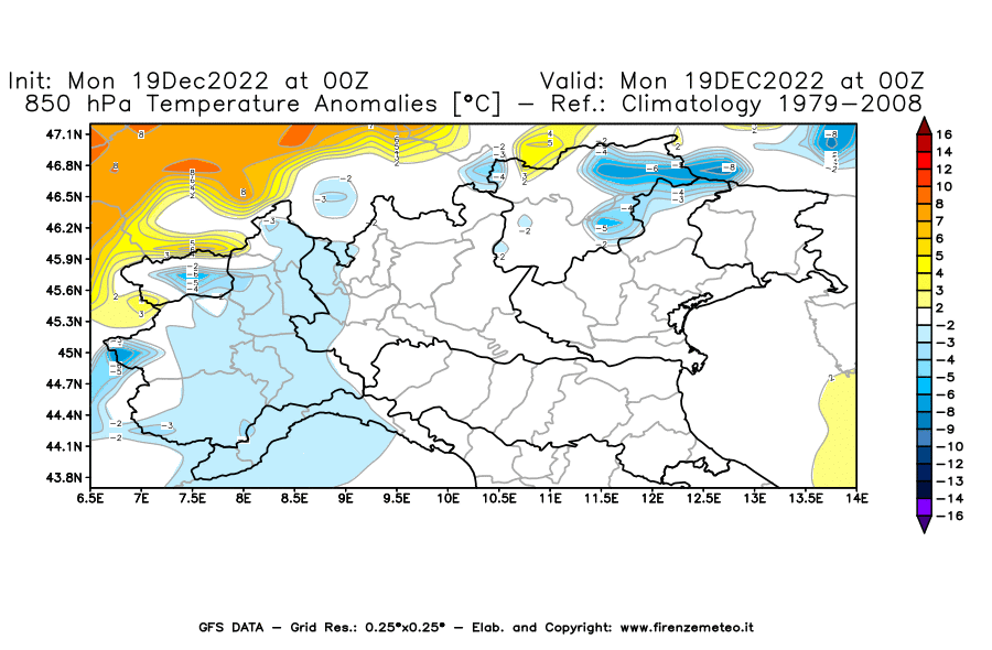 Mappa di analisi GFS - Anomalia Temperatura [°C] a 850 hPa in Nord-Italia
							del 19/12/2022 00 <!--googleoff: index-->UTC<!--googleon: index-->