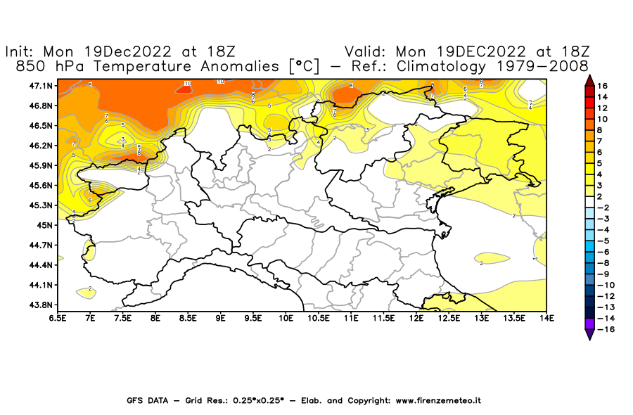 Mappa di analisi GFS - Anomalia Temperatura [°C] a 850 hPa in Nord-Italia
							del 19/12/2022 18 <!--googleoff: index-->UTC<!--googleon: index-->