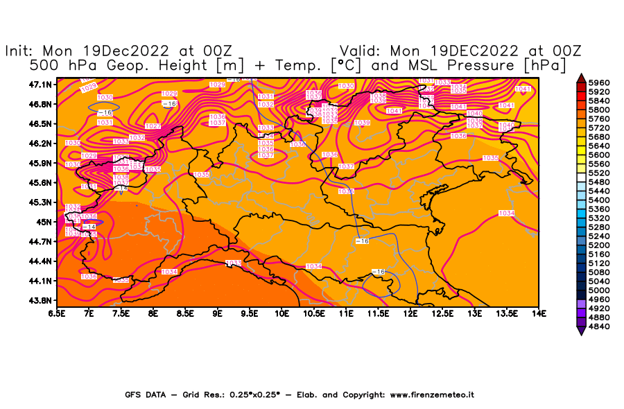 Mappa di analisi GFS - Geopotenziale [m] + Temp. [°C] a 500 hPa + Press. a livello del mare [hPa] in Nord-Italia
							del 19/12/2022 00 <!--googleoff: index-->UTC<!--googleon: index-->