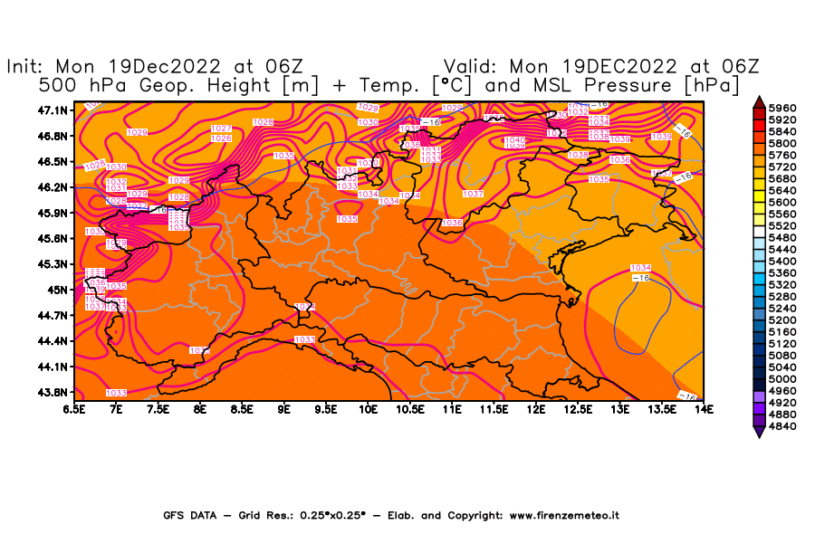 Mappa di analisi GFS - Geopotenziale [m] + Temp. [°C] a 500 hPa + Press. a livello del mare [hPa] in Nord-Italia
							del 19/12/2022 06 <!--googleoff: index-->UTC<!--googleon: index-->