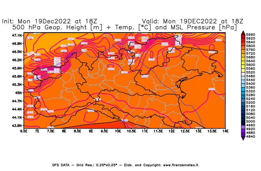 Mappa di analisi GFS - Geopotenziale [m] + Temp. [°C] a 500 hPa + Press. a livello del mare [hPa] in Nord-Italia
							del 19/12/2022 18 <!--googleoff: index-->UTC<!--googleon: index-->