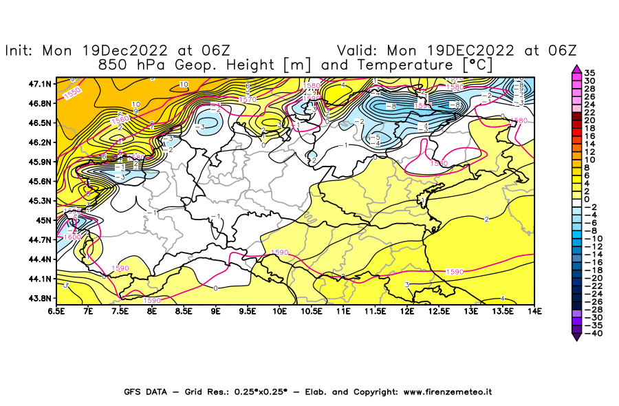 Mappa di analisi GFS - Geopotenziale [m] e Temperatura [°C] a 850 hPa in Nord-Italia
							del 19/12/2022 06 <!--googleoff: index-->UTC<!--googleon: index-->