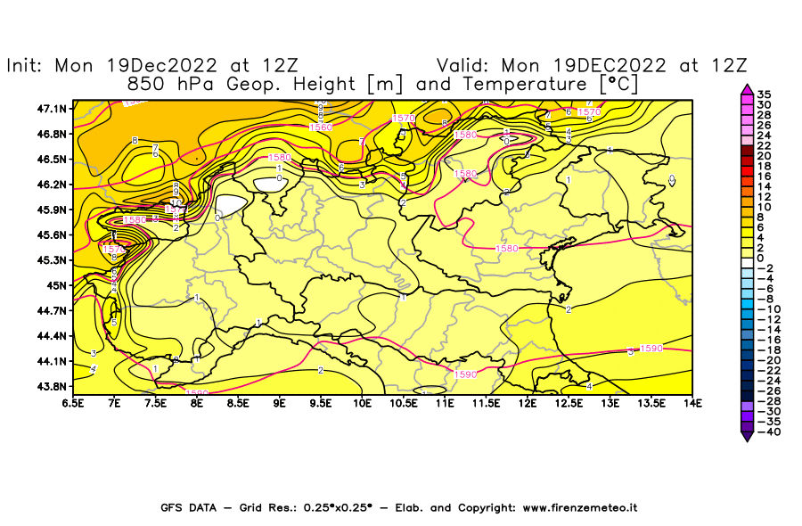 Mappa di analisi GFS - Geopotenziale [m] e Temperatura [°C] a 850 hPa in Nord-Italia
							del 19/12/2022 12 <!--googleoff: index-->UTC<!--googleon: index-->