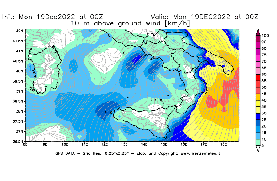 Mappa di analisi GFS - Velocità del vento a 10 metri dal suolo [km/h] in Sud-Italia
							del 19/12/2022 00 <!--googleoff: index-->UTC<!--googleon: index-->