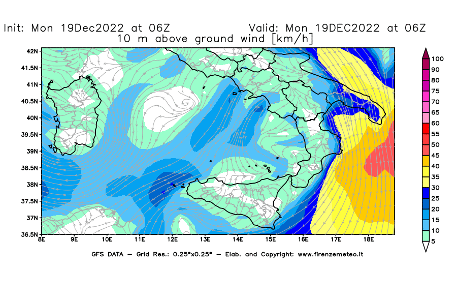 Mappa di analisi GFS - Velocità del vento a 10 metri dal suolo [km/h] in Sud-Italia
							del 19/12/2022 06 <!--googleoff: index-->UTC<!--googleon: index-->