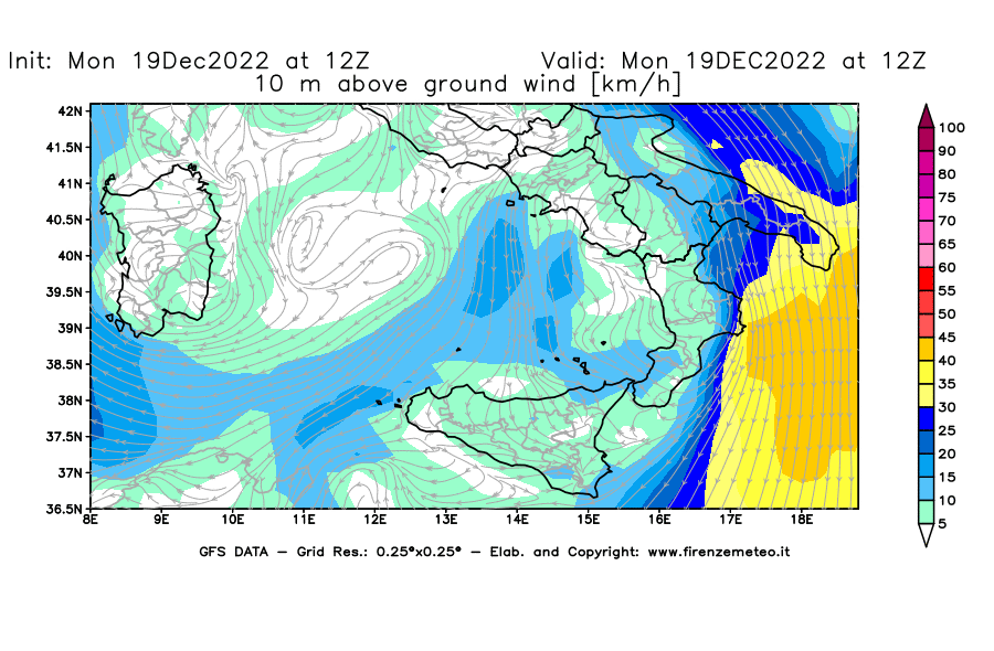 Mappa di analisi GFS - Velocità del vento a 10 metri dal suolo [km/h] in Sud-Italia
							del 19/12/2022 12 <!--googleoff: index-->UTC<!--googleon: index-->