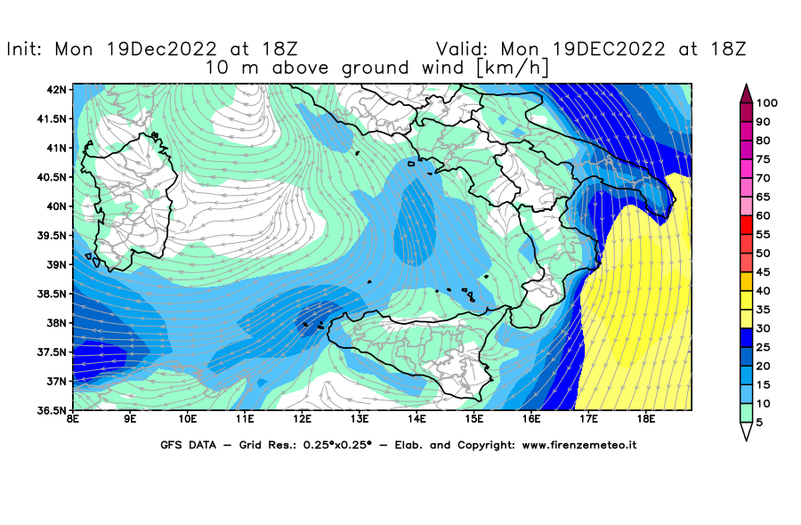Mappa di analisi GFS - Velocità del vento a 10 metri dal suolo [km/h] in Sud-Italia
							del 19/12/2022 18 <!--googleoff: index-->UTC<!--googleon: index-->
