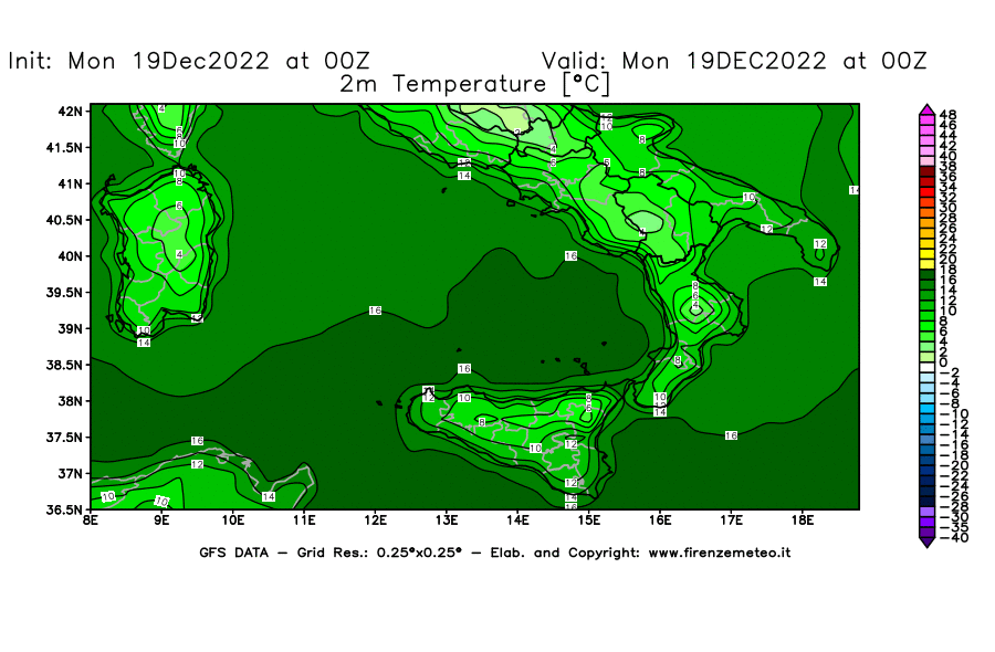 Mappa di analisi GFS - Temperatura a 2 metri dal suolo [°C] in Sud-Italia
							del 19/12/2022 00 <!--googleoff: index-->UTC<!--googleon: index-->