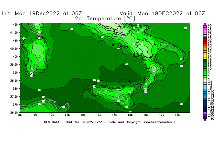 Mappa di analisi GFS - Temperatura a 2 metri dal suolo [°C] in Sud-Italia
							del 19/12/2022 06 <!--googleoff: index-->UTC<!--googleon: index-->