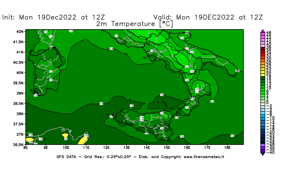 Mappa di analisi GFS - Temperatura a 2 metri dal suolo [°C] in Sud-Italia
							del 19/12/2022 12 <!--googleoff: index-->UTC<!--googleon: index-->