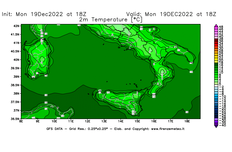 Mappa di analisi GFS - Temperatura a 2 metri dal suolo [°C] in Sud-Italia
							del 19/12/2022 18 <!--googleoff: index-->UTC<!--googleon: index-->