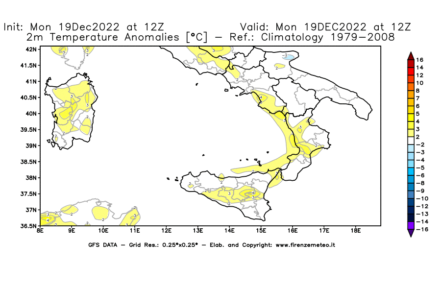 Mappa di analisi GFS - Anomalia Temperatura [°C] a 2 m in Sud-Italia
							del 19/12/2022 12 <!--googleoff: index-->UTC<!--googleon: index-->