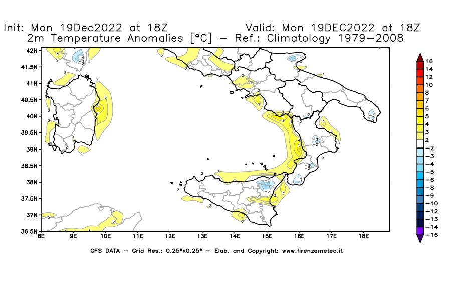 Mappa di analisi GFS - Anomalia Temperatura [°C] a 2 m in Sud-Italia
							del 19/12/2022 18 <!--googleoff: index-->UTC<!--googleon: index-->