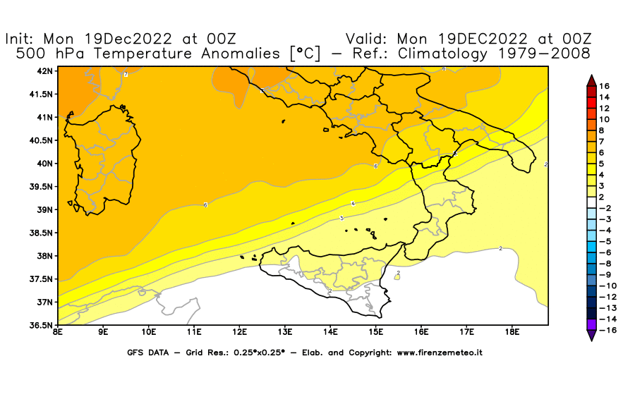 Mappa di analisi GFS - Anomalia Temperatura [°C] a 500 hPa in Sud-Italia
							del 19/12/2022 00 <!--googleoff: index-->UTC<!--googleon: index-->