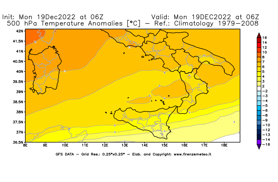 Mappa di analisi GFS - Anomalia Temperatura [°C] a 500 hPa in Sud-Italia
							del 19/12/2022 06 <!--googleoff: index-->UTC<!--googleon: index-->