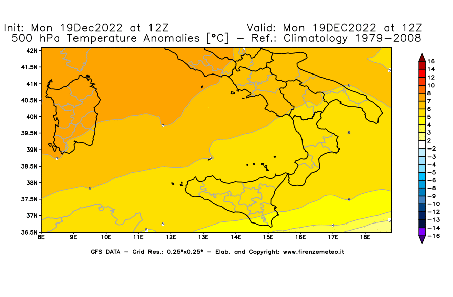 Mappa di analisi GFS - Anomalia Temperatura [°C] a 500 hPa in Sud-Italia
							del 19/12/2022 12 <!--googleoff: index-->UTC<!--googleon: index-->