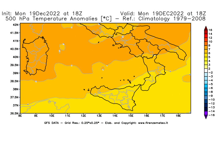Mappa di analisi GFS - Anomalia Temperatura [°C] a 500 hPa in Sud-Italia
							del 19/12/2022 18 <!--googleoff: index-->UTC<!--googleon: index-->