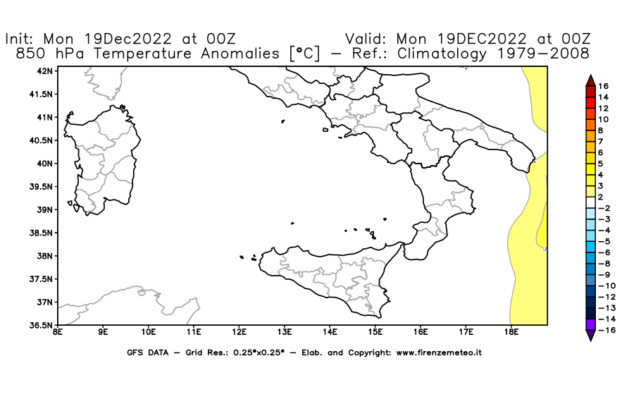 Mappa di analisi GFS - Anomalia Temperatura [°C] a 850 hPa in Sud-Italia
							del 19/12/2022 00 <!--googleoff: index-->UTC<!--googleon: index-->