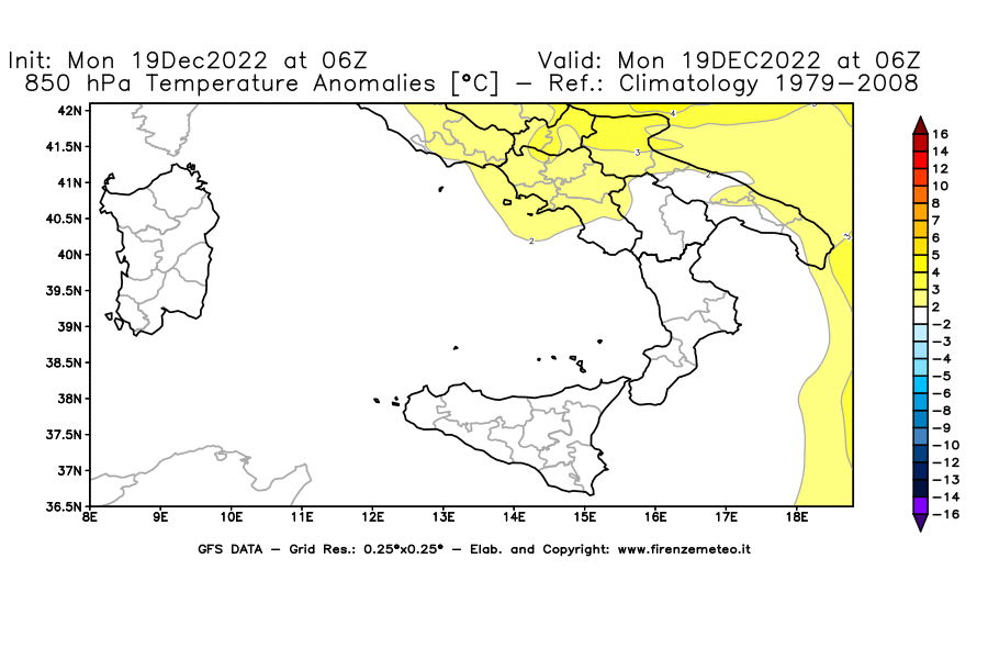 Mappa di analisi GFS - Anomalia Temperatura [°C] a 850 hPa in Sud-Italia
							del 19/12/2022 06 <!--googleoff: index-->UTC<!--googleon: index-->