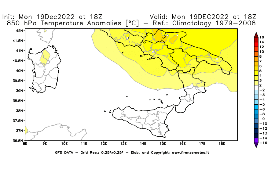 Mappa di analisi GFS - Anomalia Temperatura [°C] a 850 hPa in Sud-Italia
							del 19/12/2022 18 <!--googleoff: index-->UTC<!--googleon: index-->