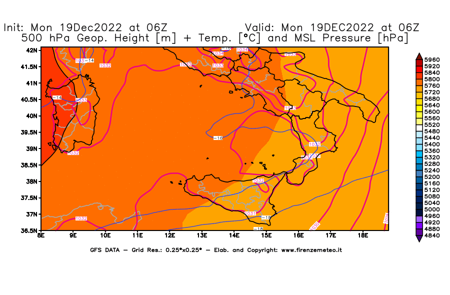 Mappa di analisi GFS - Geopotenziale [m] + Temp. [°C] a 500 hPa + Press. a livello del mare [hPa] in Sud-Italia
							del 19/12/2022 06 <!--googleoff: index-->UTC<!--googleon: index-->