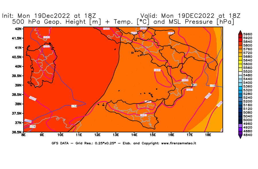 Mappa di analisi GFS - Geopotenziale [m] + Temp. [°C] a 500 hPa + Press. a livello del mare [hPa] in Sud-Italia
							del 19/12/2022 18 <!--googleoff: index-->UTC<!--googleon: index-->