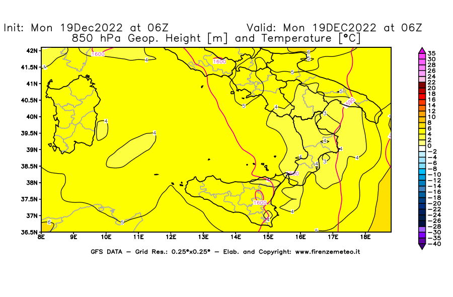 Mappa di analisi GFS - Geopotenziale [m] e Temperatura [°C] a 850 hPa in Sud-Italia
							del 19/12/2022 06 <!--googleoff: index-->UTC<!--googleon: index-->