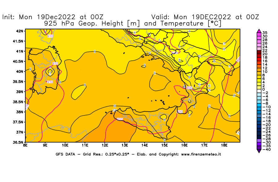 Mappa di analisi GFS - Geopotenziale [m] e Temperatura [°C] a 925 hPa in Sud-Italia
							del 19/12/2022 00 <!--googleoff: index-->UTC<!--googleon: index-->