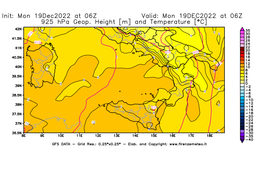 Mappa di analisi GFS - Geopotenziale [m] e Temperatura [°C] a 925 hPa in Sud-Italia
							del 19/12/2022 06 <!--googleoff: index-->UTC<!--googleon: index-->