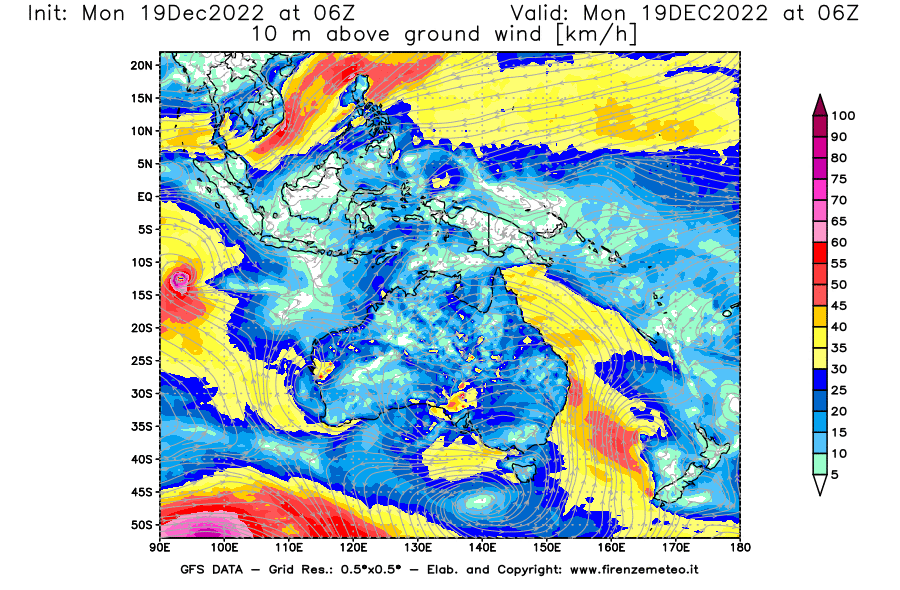 Mappa di analisi GFS - Velocità del vento a 10 metri dal suolo [km/h] in Oceania
							del 19/12/2022 06 <!--googleoff: index-->UTC<!--googleon: index-->